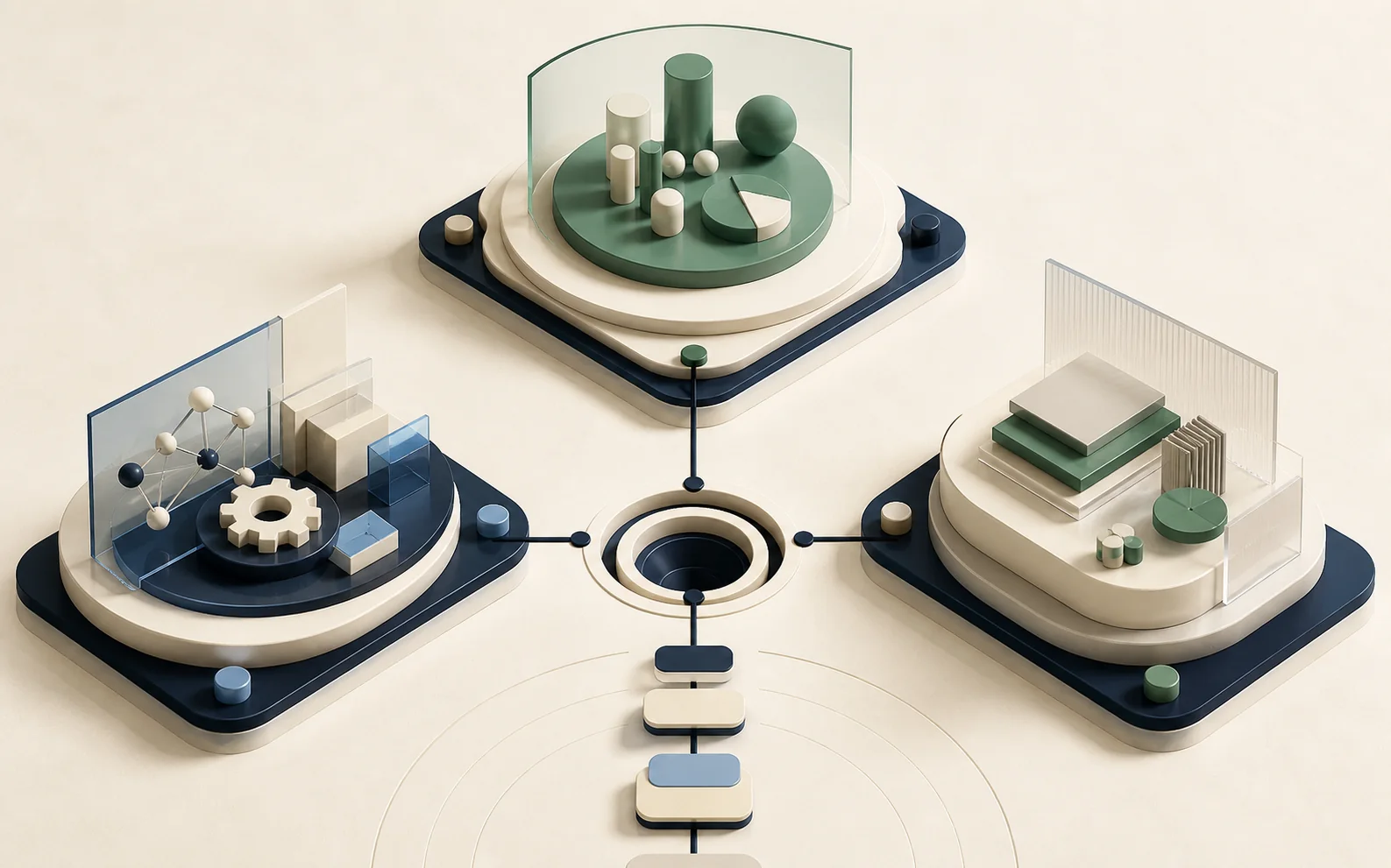 Abstrakte Waage aus drei Bewertungsfeldern für Excellence, Impact und Implementation